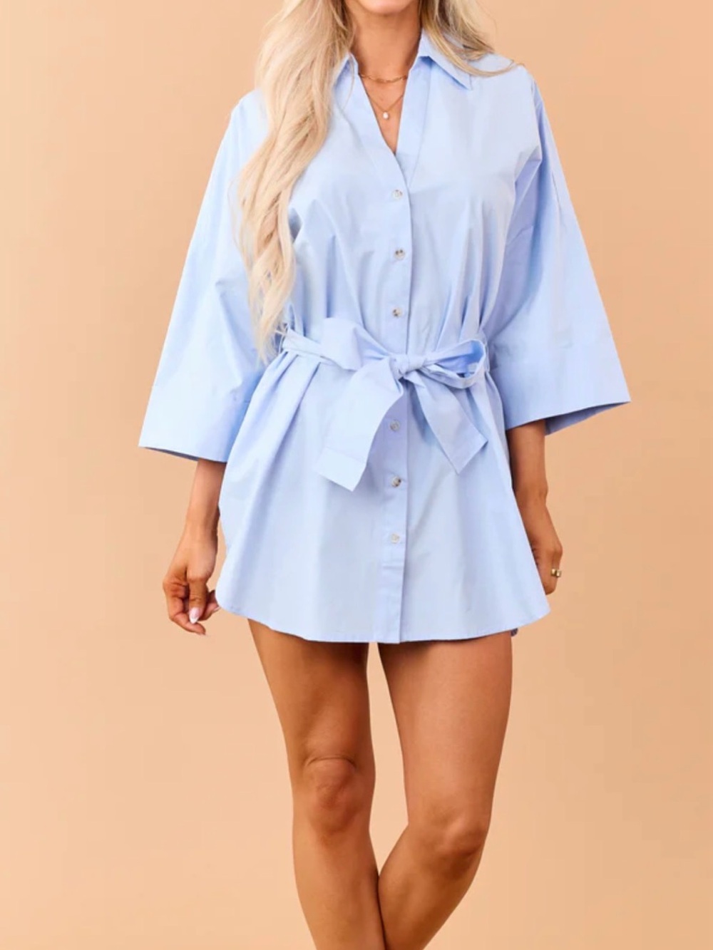 Sky Blue Button-Front Mini Shirt Dress with Tie Waist